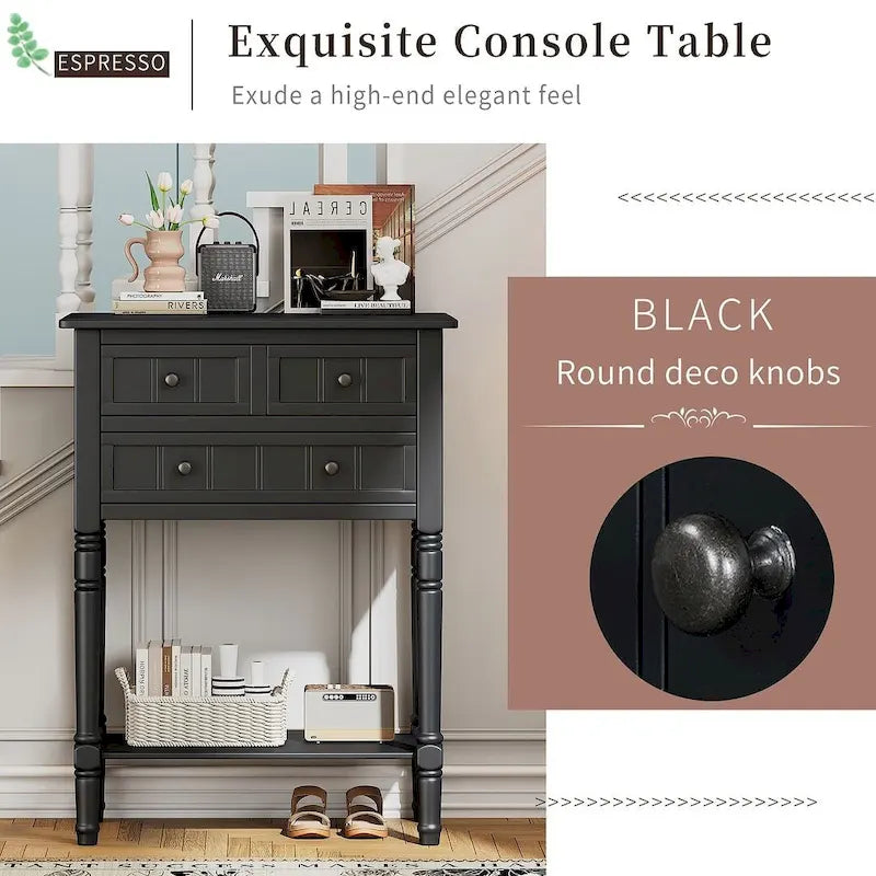23.7 Solid Wood Console Table with 3 Drawers and Bottom Shelf