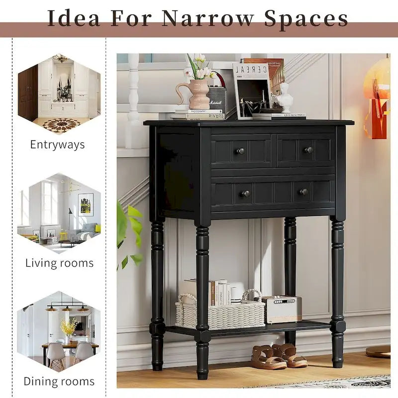 23.7 Solid Wood Console Table with 3 Drawers and Bottom Shelf