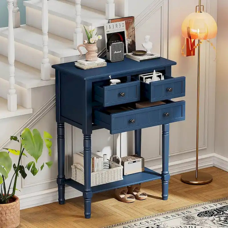 23.7 Solid Wood Console Table with 3 Drawers and Bottom Shelf