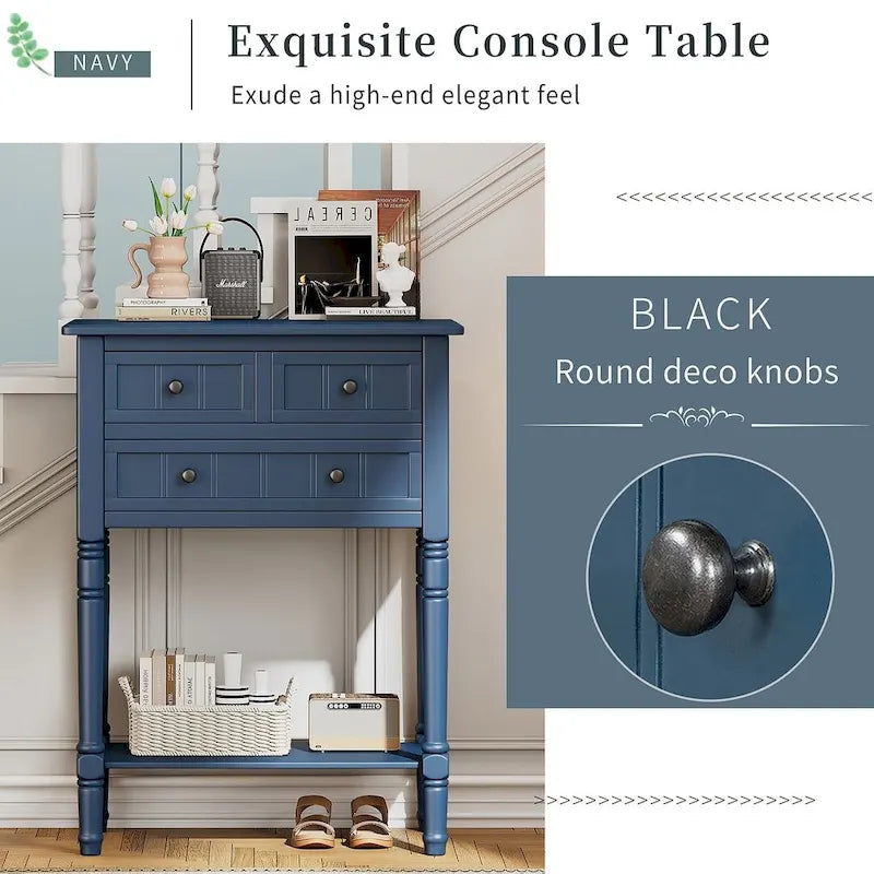 23.7 Solid Wood Console Table with 3 Drawers and Bottom Shelf