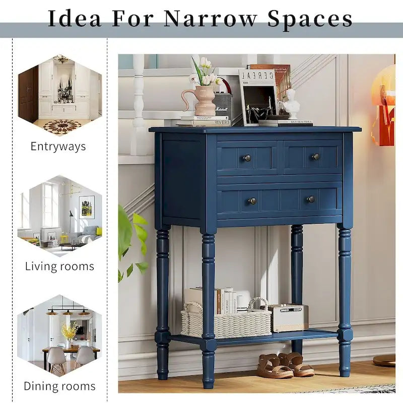 23.7 Solid Wood Console Table with 3 Drawers and Bottom Shelf