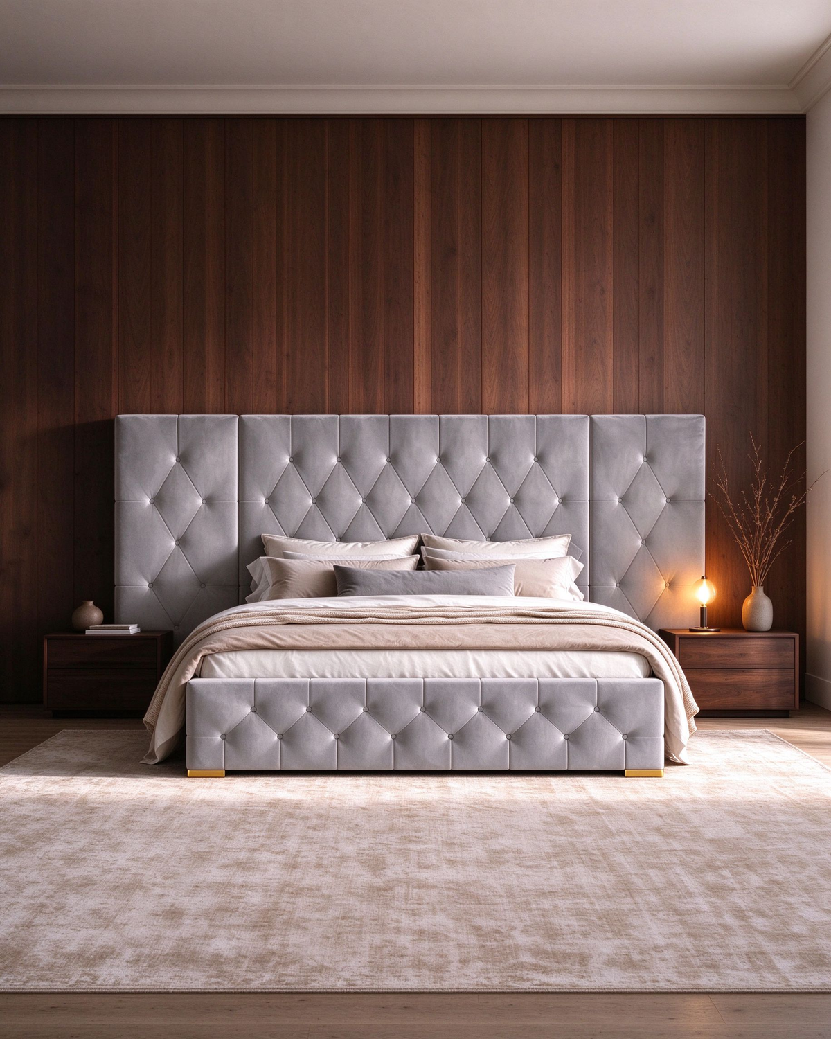 Luxurious Velvet Tufted Platform Bed with Wall Panels